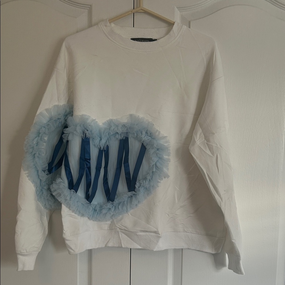 Cloud Season White and Blue Heart Sweater